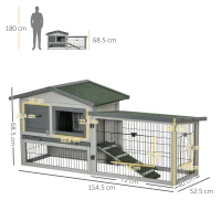 PawHut Conigliera a 2 Livelli in Legno d'Abete per Esterni con Tetto in Asfalto, 154.5x52.5x68.5cm, Grigio(m-3)