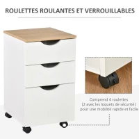 HOMCOM Caisson de bureau rangement bureau sur roulettes 3 tiroirs coulissants dim. 34L x 40I x 60,5H cm MDF blanc bois clair(m-6)