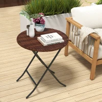Outsunny Foldable PE Rattan Outdoor Coffee Table, Metal Frame Wicker Round Side Table, Coffee Table Side Table for Lawn, Garden, Mixed Brown(m-2)