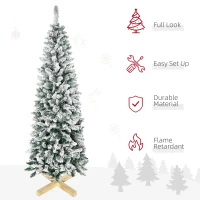 HOMCOM 6 Ft Snow Flocked Artificial Christmas Tree, Xmas Pencil Tree with Realistic Branches, Auto Open, Pinewood Base, Green(m-4)