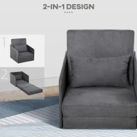 HOMCOM Single Sofa Bed Armchair Soft Floor Sleeper Lounger Futon Couch w/ Pillow and Pocket Grey(m-5)