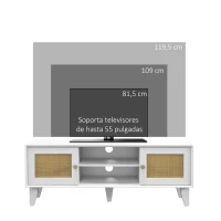 HOMCOM Mueble de TV de Salón Mesa para Televisores de hasta 55" con 2 Puertas de Ratán Estante Ajustable 120x35x46 cm Blanco(m-7)