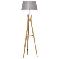 HOMCOM Natural Wood Tripod Floor Lamp Light E27 Base Bedroom Living Room Fabric Shade Storage Shelf Foot Switch, 156cm, Grey(m-11)