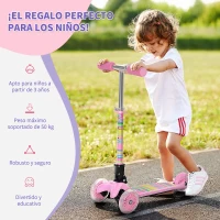 HOMCOM Patinete para Niños de +3 Años Plegable Patinete 3 Ruedas con Luces LED Manillar Altura Ajustable y Freno Posterior Carga Máxima 50 kg 54,7x32,5x59-69 cm Rosa(m-9)