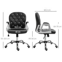 HOMCOM Fauteuil de bureau chaise de bureau ergonomique réglable roulettes pivotantes boutons strass revêtement synthétique PU 59,5L x 60,5l x 95-105H cm noir(m-3)