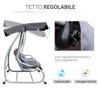 Outsunny Dondolo da Giardino 3 Posti Convertibile in Letto con Tetto Regolabile e Portabicchieri, Dondolo da Esterno in Acciaio e Poliestere, 200x120x164 cm, Grigio(m-5)