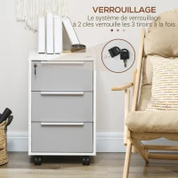 HOMCOM Caisson de bureau à roulettes avec 3 tiroirs et serrure pour dossiers 40 x 40 x 63,5 cm blanc et gris(m-8)
