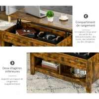 HOMCOM Table basse plateau relevable, table de salon avec étagères et compartiment caché,105 x 50 x 49-62,5 cm pour salon, chambre, brun rustique(m-5)