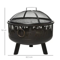 Outsunny Metal Firepit Bowl Outdoor 2-In-1 Round Fire Pit w/ Lid, Grill, Poker, Handles for Garden, Camping, BBQ, Bonfire, Wood Burning Stove, 61.5 x 61.5 x 52cm, Black(m-3)