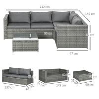 Outsunny 3 Pieces PE Rattan Garden Furniture Set with 10 cm Thick Cushions, 4 Seater Garden Corner Sofa Set with Glass Top Coffee Table, Outdoor Furniture for Patio, Porch, Grey(m-3)