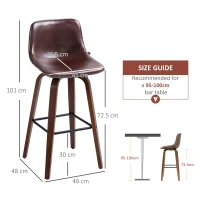 HOMCOM Bar Stools Set of 2, Breakfast Bar Chairs, PU Leather Upholstered Kitchen Stools with Backs and Wood Legs, Brown(m-3)