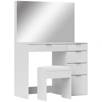 HOMCOM Set Tavolo da Trucco con Specchio e 5 Cassetti 97.2x44.5x136.5 cm e Sgabello Imbottito 40x24x46 cm, Bianco(m-10)