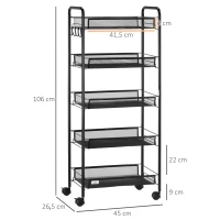 HOMCOM Carrito Auxiliar con Ruedas de 5 Niveles con Cestas de Malla Extraíbles y Marco de Acero 45x26,5x106 cm Negro(m-3)