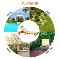 Outsunny Bain de Soleil transat Design Colonial Dossier inclinable 2 Positions roulettes dim. 198L x 60l x 68/87H cm Tissu textilène Blanc Bois Acacia(m-7)