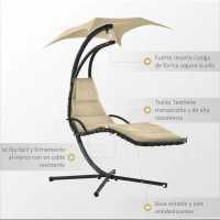 Outsunny Silla Colgante con Soporte con Toldo Estructura Metálica Antivuelco Carga 100 kg para Jardín Patio 190x110x190 cm Beige(m-6)