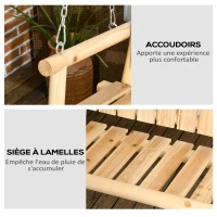 Outsunny Banc suspendu balancelle de jardin 2 places en bois massif assise et dossier à lattes chaînes incluses naturel(m-6)
