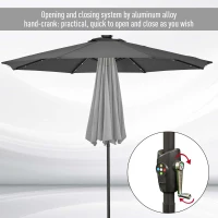 Outsunny Φ2.7m Garden 24 LED Light Parasol Solar Outdoor Tilt Sun Umbrella Patio Club Party Event Manual Sun Shade w/ Hand Crank and 8 Ribs, Grey(m-6)