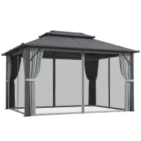 Outsunny 3 x 4m Hardtop Gazebo Canopy with UPF30+ Double Polycarbonate Roof, Aluminium Frame Garden Gazebo Permanent Pavilion with Mosquito Netting and Curtains for Patio, Deck, Grey(m-10)