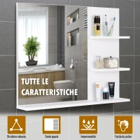 kleankin Mobiletto Pensile Bagno 60 x 10 x 48cm, con Specchio e 3 Ripiani, Armadietto a Parete in MDF Bianco(m-5)