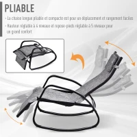 Outsunny Fauteuil à Bascule Dossier inclinable réglable Chaise Longue Pliable dim. 64L x 94l x 108H cm métal époxy Noir textilène Gris chiné(m-5)