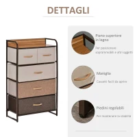 HOMCOM Mobile Cassettiera da Camera da Letto e Soggiorno, Cassettiera con 5 Cassetti Pieghevoli in Tessuto e Ripiano in MDF, 58x29x99cm, Multicolore(m-5)
