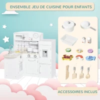 HOMCOM Cuisine Bois Jeu d'imitation - Cuisine Enfant 3+ Ans - Nombreux Accessoires & rangements Inclus - micro-ondes, hotte, évier avec robinet - MDF pin Blanc(m-5)