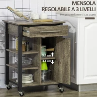 HOMCOM Carrello da Cucina Portavivande con Cassetto, Mensole, Armadietto e 4 Ruote, Legno Truciolare, 60x50x84.5cm, Quercia(m-6)