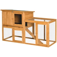 PawHut Conigliera a 2 Livelli in Abete e Acciaio con Casetta, Spazio Aperto e Vassoio, 141x49x86cm(m-1)