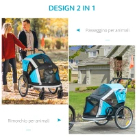 PawHut Carrello Trasporto Cani sotto i 30kg, Rimorchio Bici per Cani con Porta Anteriore e Posteriore, Finestre a Rete e Tetto Apribile, 150x82x98-108cm(m-4)