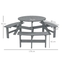 Outsunny 6 Seater Wooden Picnic Table and Garden Benches Set, Round Garden Dining Set with 3 Benches and Umbrella Hole Outdoor Garden Park, Grey(m-3)
