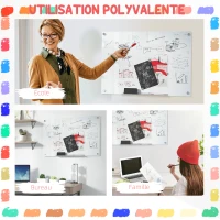 Vinsetto Tableau blanc en verre avec plateau mural sans cadre avec 4 marqueurs et tampon effaceur 90 x 60 cm blanc(m-6)
