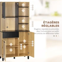HOMCOM Armoire de cuisine multi-rangements avec tiroir 3 placards 4 niches et passe-câbles hauteur 180 cm noir et bois naturel(m-6)
