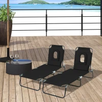 Outsunny Lot de 2 Bains de Soleil Pliable transat inclinable 4 Positions Chaise Longue de Lecture 3 Coussins fournis Noir(m-2)