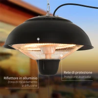 Outsunny Riscaldatore a Infrarossi con Illuminazione a LED in Alluminio e Metallo Epossidico Anticorrosivo Certificato IP34: Protezione contro gli Spruzzi d'Acqua 1500W Ø40.5 x 30.7A cm(m-4)