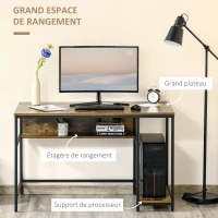HOMCOM Bureau Informatique Table de bureau d'ordinateur Industriel avec étagère - châssis Acier Noir Grand Plateau Effet boisé 120 x 60 cm(m-4)