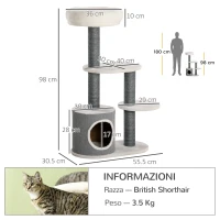 PawHut Albero per Gatti con Lettino, Casetta e Tiragraffi, 55.5x30.5x98 cm, Bianco(m-3)