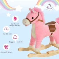 HOMCOM Cavallo a Dondolo in Legno Giocattolo con Suoni Realistici per Bambini 36-72 Mesi, Include 2 Batterie AA, Rosa(m-4)