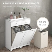 HOMCOM Armoire de salle de bain, meuble de rangement, avec paniers à linge pliables 2 tiroirs, 78L x 40l x 90,5H cm, blanc(m-4)