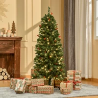 HOMCOM 5FT Prelit Artificial Pencil Christmas Tree with Warm White LED Light, Red Berry, Holiday Home Xmas Decoration, Green(m-10)