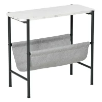 HOMCOM Mesa Auxiliar Moderna con Bolsillo de Lona y Estante Extraíble Mesa de Centro para Salón con Encimera Imitación Mármol 60x28x53 cm Blanco Gris y Negro(m-8)
