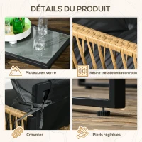 Outsunny Ensemble salon de jardin 4 pièces canapé 2 places 2 fauteuils et 1 table basse plateau verre trempé 3 coussins - gris(m-6)