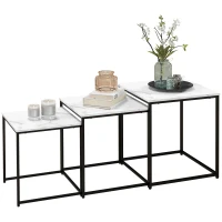HOMCOM Lot de 3 tables basses carrées gigognes - acier noir panneaux aspect marbre blanc 50/45/39,5 cm(m-10)