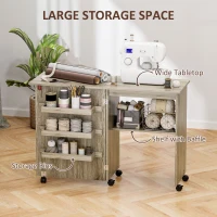 HOMCOM Folding Sewing Table, Drop Leaf Craft Table with Storage Bins, Open Shelf and Wheels, Rolling Sewing Machine Cabinet Computer Desk for Small Space, Grey(m-5)