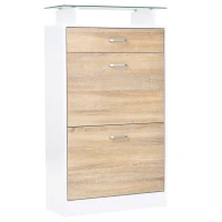 HOMCOM Armoire à Chaussures Meuble rangement Chaussures 2 Portes abattantes 2 Compartiments, tiroir, Plateau en Verre - Bois chêne Blanc(m-1)