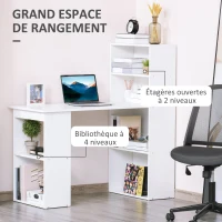HOMCOM Bureau informatique, bureau avec rangement, 6 compartiments ouverts, table d'ordinateur pour chambre, studio, 120 x 55 x 120 cm, blanc(m-5)