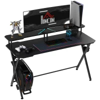 HOMCOM Gaming Desk Writing Racing Computer Table Workstation with Headphone Hook Curved Front Adjustable Feet for Home Office Use 140 x 60cm(m-1)