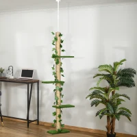PawHut 242cm Adjustable Floor-To-Ceiling Cat Tree, with Artificial Decoration, Perches, Anti-Slip Kit - Green(m-12)