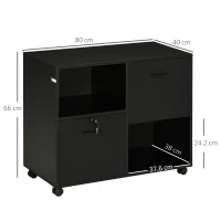 Vinsetto Mobile da Ufficio con 2 Cassetti Porta Documenti e Ripiani, Ruote con Blocco, 80x40x66cm, Nero(m-3)
