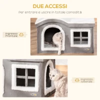 Pawhut Casetta per Gatti da Interno con 2 Entrate, Finestra e Base Antiscivolo, 63.5x37x40 cm, Grigio(m-5)