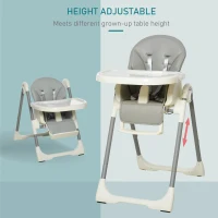 HOMCOM Foldable Baby High Chair Convertible Feeding Chair Height Adjustable with Adjustable Backrest Footrest and Removable Tray 5 Point Safety Harness for Kids 6 - 36 Months Grey(m-4)